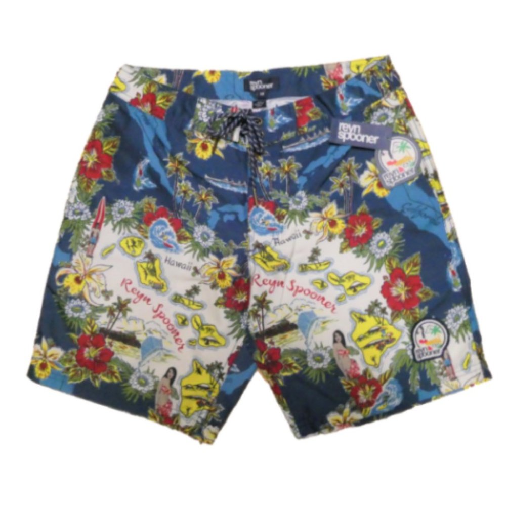New Reyn Spooner Boardshorts Hawaiian Ocean Islands Blue Green